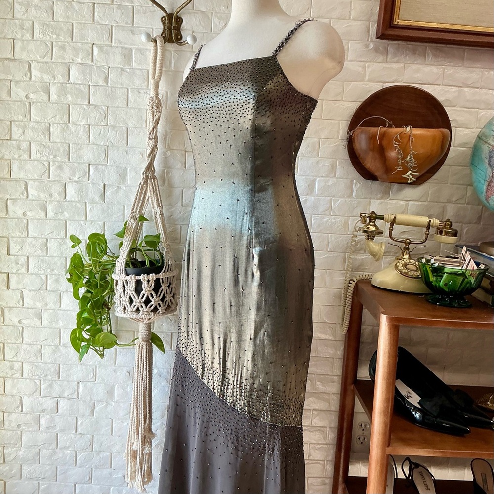 Vintage 1990s Y2K Cache Olive Satin and Chiffon Asymmetrical Hem Beaded Gown - Picture 2 of 16